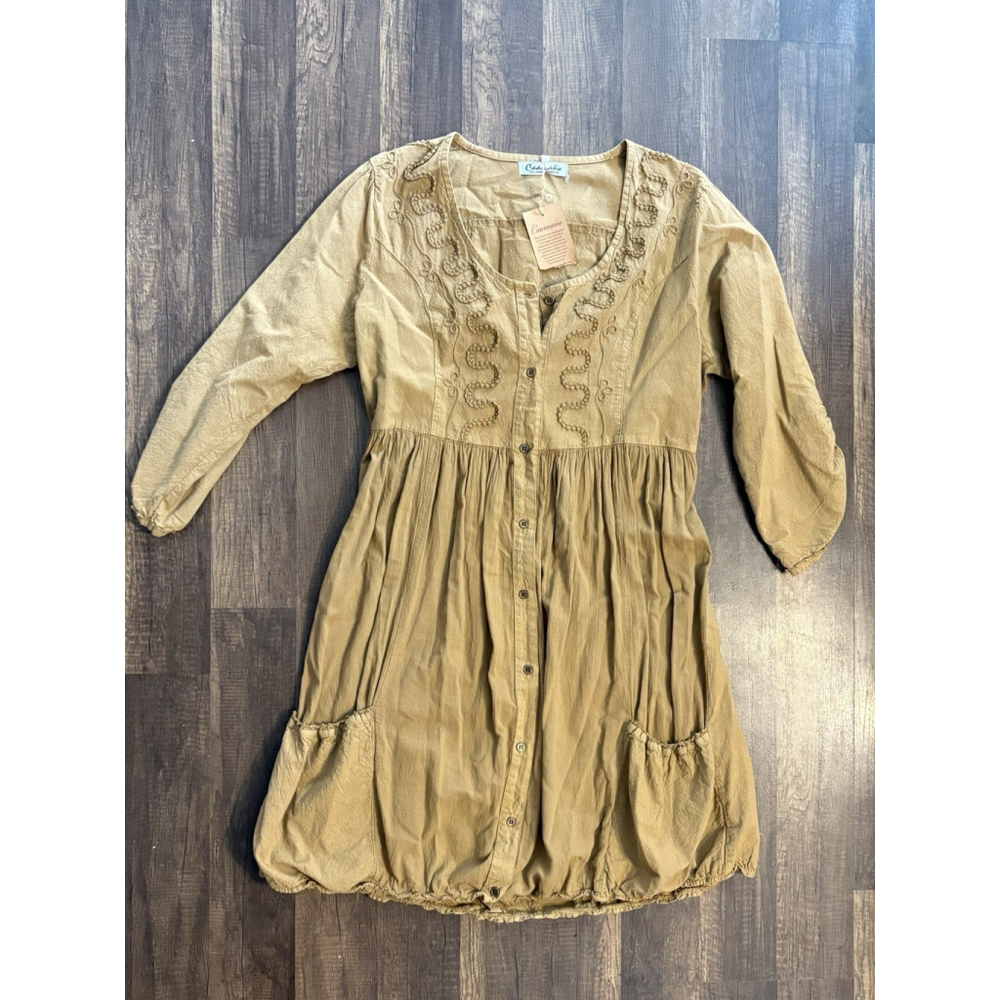 Caamano Peruvian Cotton Dress Size Large Brown Bridgett Dress Cinch Hem Natural - Picture 2 of 7